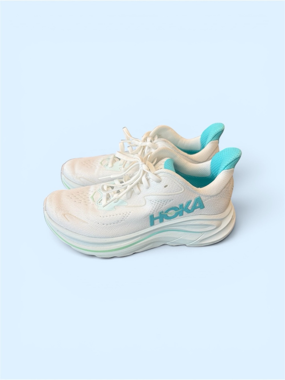 Hoka Clifton 10, Women’s size 6.5, white teal blue